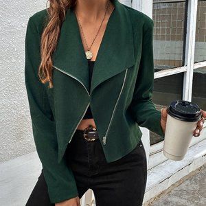 New Solid Zip Up Moto Jacket Green